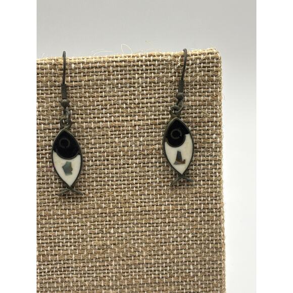 Inlay Fish Dangle Earrings - Enamel and Mother of Pearl - Picture 3 of 5